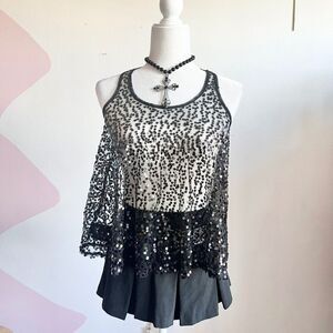 Black Sheer Sequin Tank Top, Y2K Soft‎ Grunge Festival Rave Clubwear 2000s XS